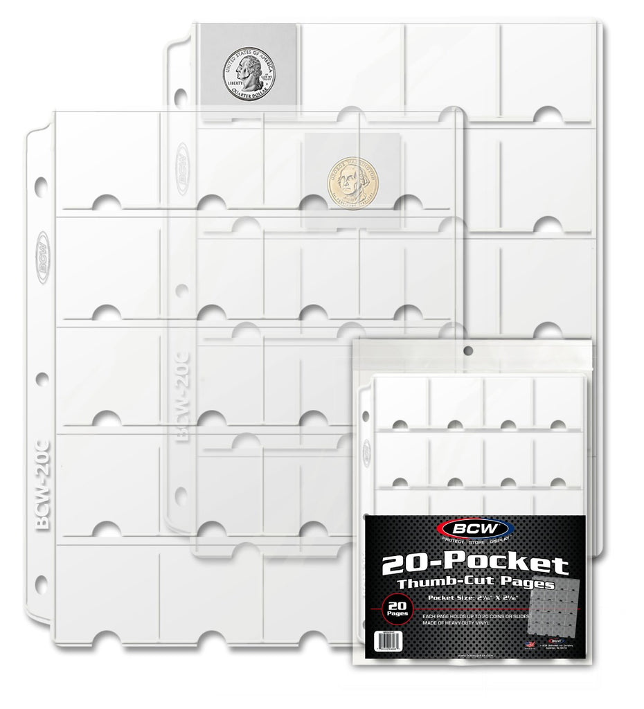 20-Pocket Vinyl Pages with Thumb Cut - Coin & Currency Pages - Hobby Master - hobbymasterstore